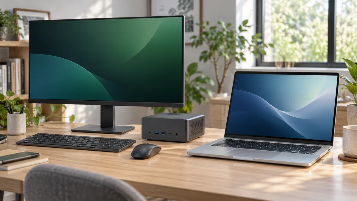 AI生成:同じ机に置いたミニPCと外部モニター、ノートパソコンのイメージ